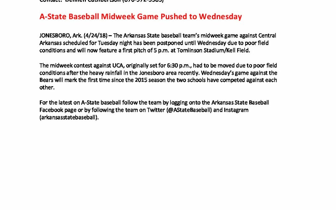 A-State-Baseball-Midweek-Game-Pushed-to-Wednesday