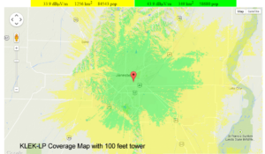 KLEK Longley-Rice Coverage Map at 100 feet