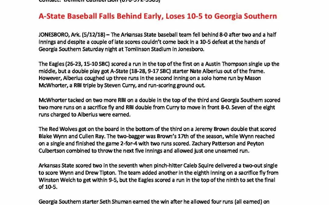 A-State-Baseball-Falls-Behind-Early-Loses-10-5-to-Georgia-Southern