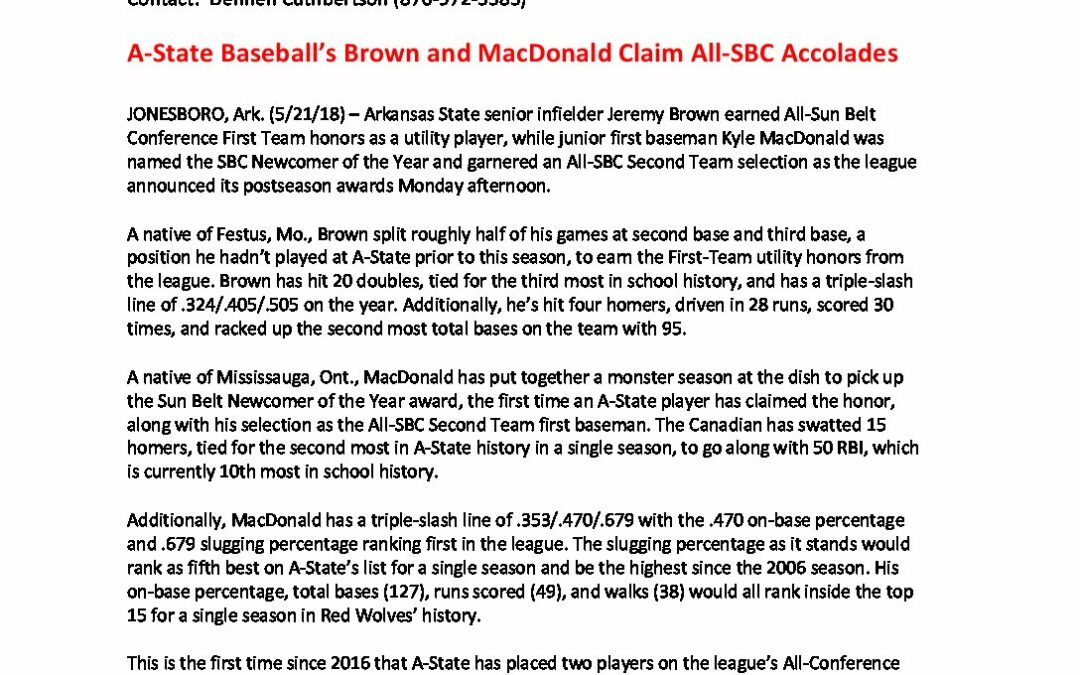 A-State-Baseballs-Brown-and-MacDonald-Claim-All-SBC-Accolades