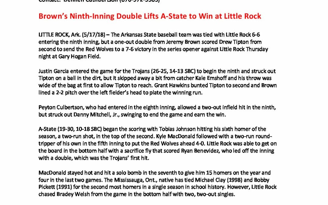 Browns-Ninth-Inning-Double-Lifts-A-State-to-Win-at-Little-Rock