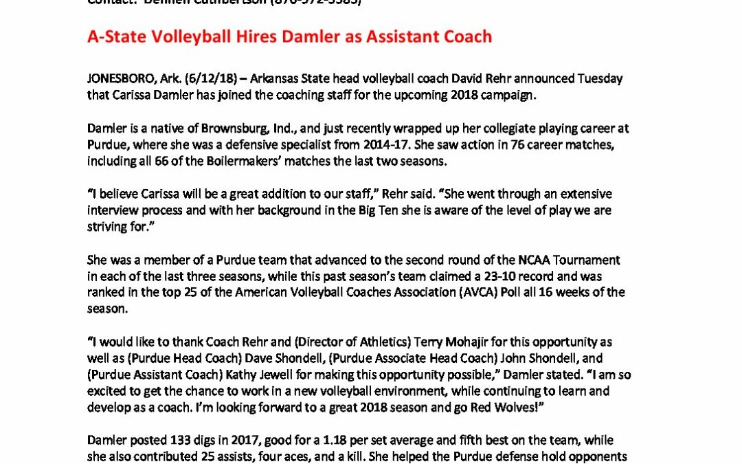 A-State-Volleyball-Hires-Damler-as-Assistant-Coach