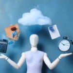 A person juggling various items symbolizing work, bills, and family, with an added weight of a cloud or shadow representing mental health challenges.