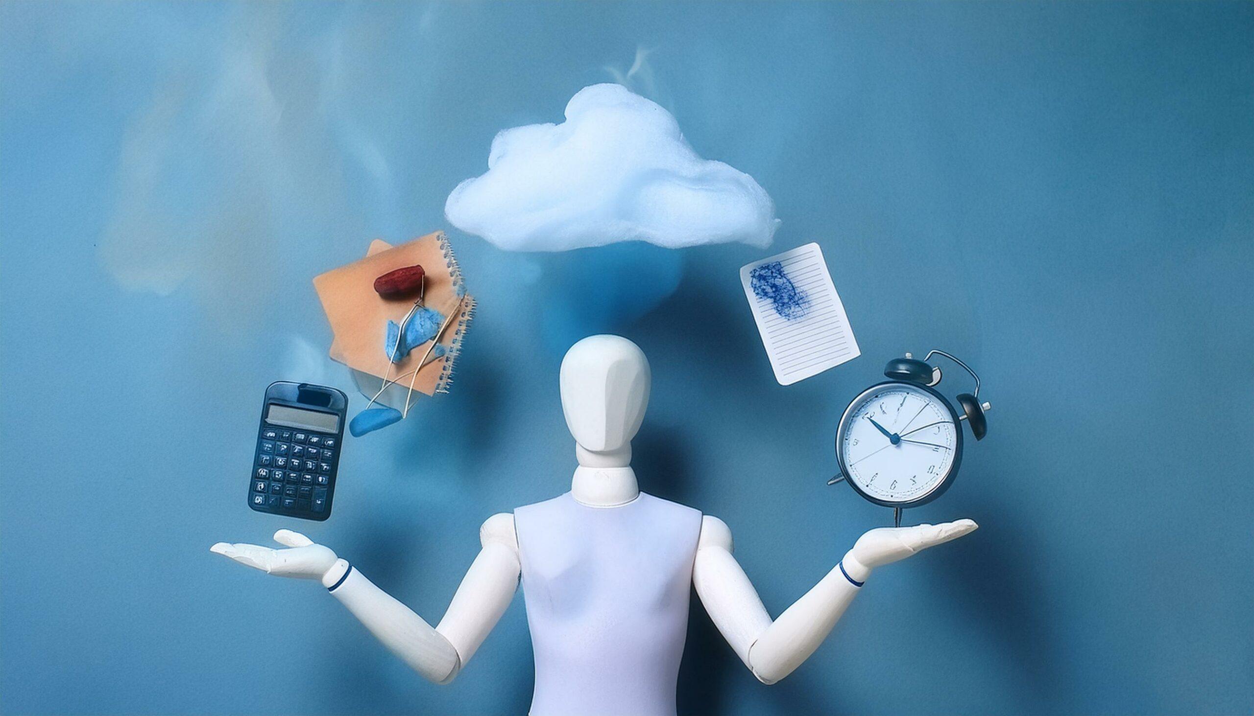 A person juggling various items symbolizing work, bills, and family, with an added weight of a cloud or shadow representing mental health challenges.