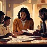 A medium income family gathered around a kitchen table looking stressed as they look at bills.